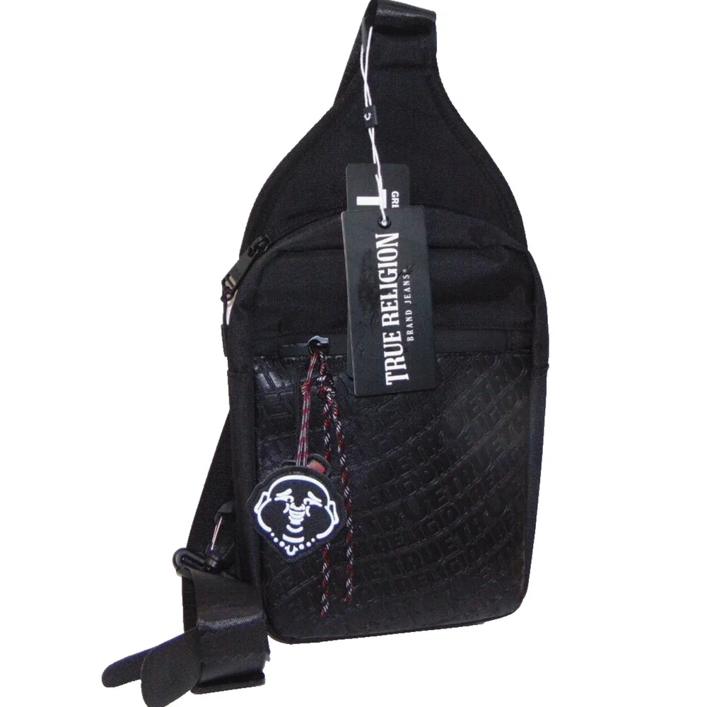True Religion Wennington Sling Crossbody Black Embossed Logo Buddha Charm NWT